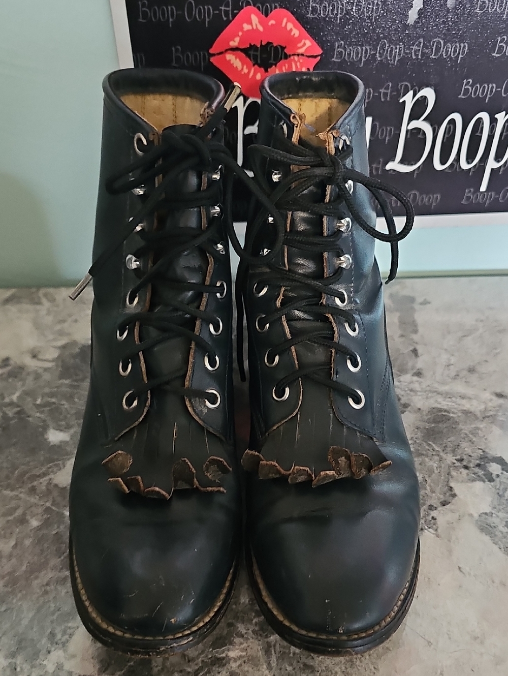 Justin Boots Navy Blue Leather Lace-Up Ankle Boots Fringe Kiltie Women's 3D